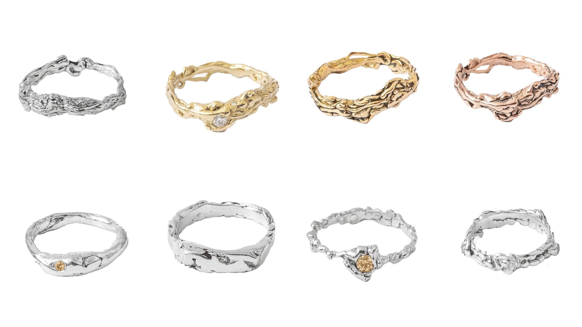 Eight YCCIJ wedding rings in silver and different gold tones