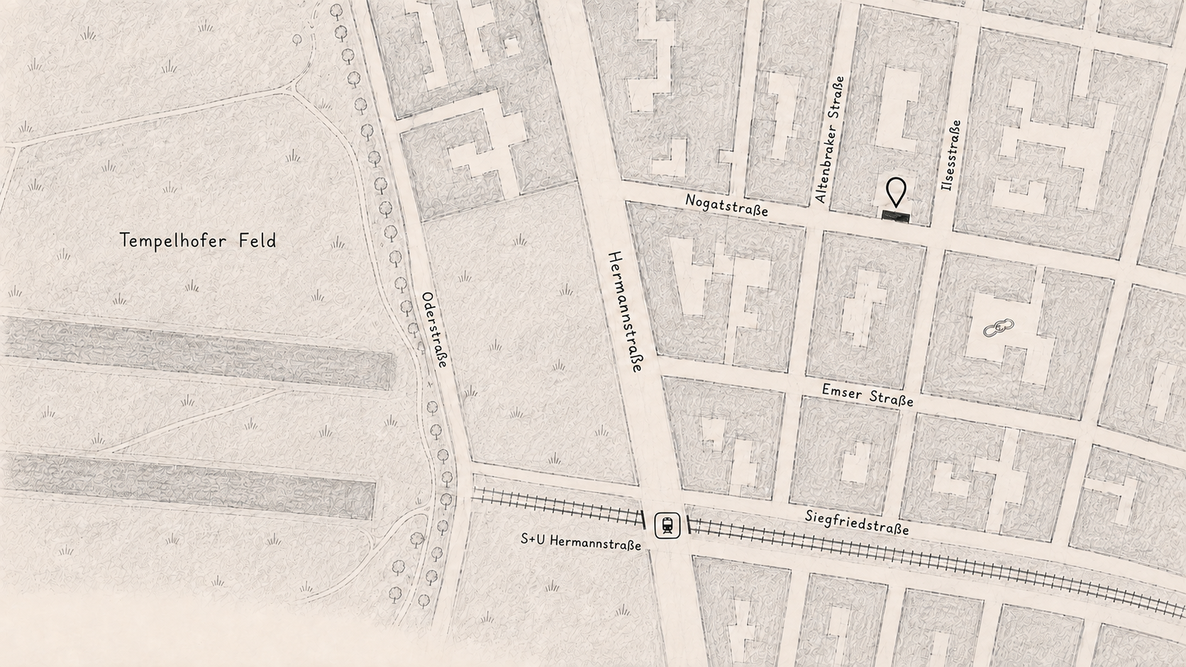 Hand-drawn neighbourhood map showing the YCCIJ studio on Nogatstraße near Ilsestraße, northeast of S+U Hermannstraße, with Tempelhofer Feld to the west.